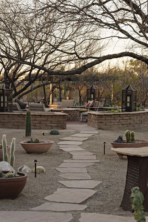 Desert Landscaping Fire Pit, Tucson Landscaping Ideas, Az Backyard Ideas, Sedona House, Courtyard Inspiration, Desert Landscaping Backyard, High Desert Landscaping, Desert Backyard, Shed Landscaping