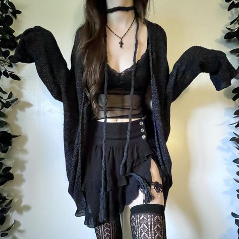 goth grunge slouchy cardigan witchy oversized... - Depop Lazy Goth Outfits, Dark Grunge Outfits, Fairycore Cardigan, Nature Goth, Dark Fairy Grunge, Salem Trip, Goth Festival, Goth Fairycore, Witchy Grunge