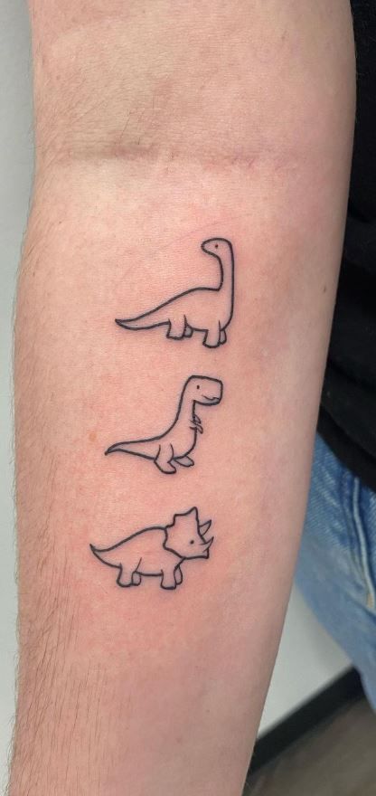 Three Dinosaur Tattoo, Dino Flash Tattoo, Simple Tattoos Dinosaur, Outline Dinosaur Tattoo, Dinosaur Simple Tattoo, Family Dinosaur Tattoo, T Rex Outline Tattoo, Dinosaur Doodle Tattoo, Small Tattoo Outlines Simple