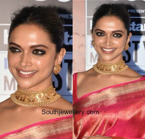 Deepika Padukone in Gold Choker and Studs photo Deepika Padukone Gold Jewellery, Gold Kundan Choker Set, Deepika Padukone Jewellery, Gold Choker Designs, Gold Choker Necklace Indian, Choker Necklace Indian, Tanishq Jewellery, Buy Gold Jewelry, Gold Necklace Indian