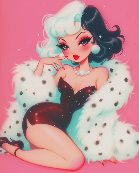 🚬🤍🖤💖🩵✨ Cruella Fanart, Pin Up Princess, Disney Pin Up, Alternative Disney Princesses, 50s Art, Alternative Disney, Awesome Artwork, Pop Art Drawing, Lady Popular