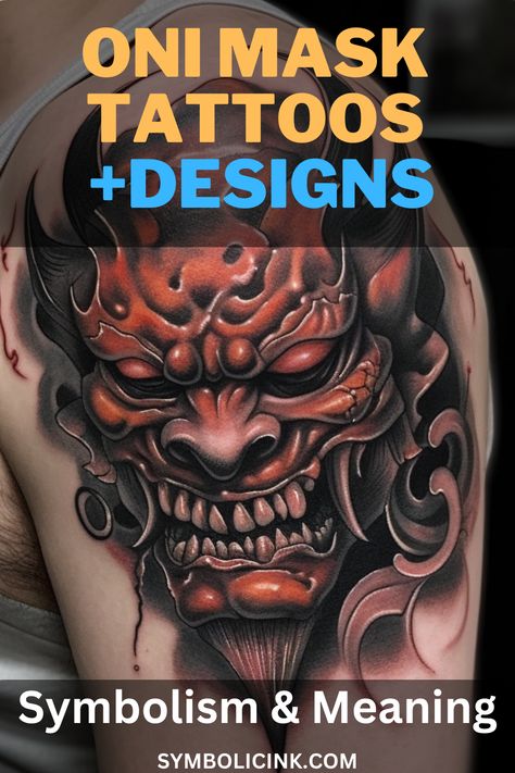 Oni Mask Tattoo Meanings Oni Mask Bicep Tattoo, Oni Tattoo Design Ideas, Japanese Oni Tattoo Design, Oni Meaning, Japanese Demon Tattoo Traditional, Evil Japanese Tattoo, Oni Mask Chest Tattoo, Oni Mask Tattoo Back, Chinese Demon Tattoo