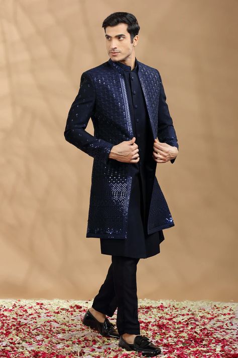 Sangeet Sherwani For Groom, Blue Sangeet Outfit For Groom, Sangeet Groom Outfit Indian Weddings, Sangeet Mens Outfit, Groom Outfit For Reception, Indo Western Suits For Men, Groom Outfit For Sangeet, Engagement Look For Groom, Outfits For Sangeet Indian Weddings