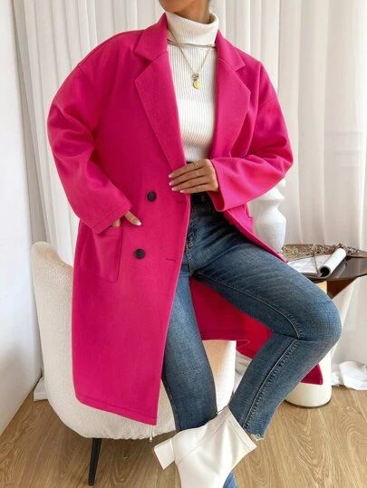 Outfit With Pink Coat, Bright Pink Coat Outfit, Hot Pink Coat Outfit Winter, Pink Long Coat Outfit, Saco Fucsia Outfit, Pink Overcoat Outfit, Light Pink Coat Outfits, Hot Pink Coat Outfit, Magenta Outfit Ideas