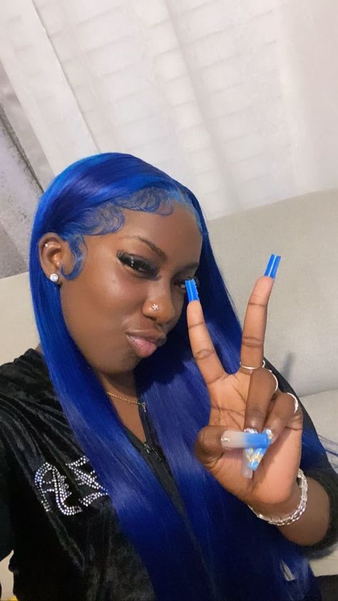 Blue Frontal Wig Install, Pretty Wig Colors, Hairstyles With Natural Hair Black Women, Royal Blue Hair Black Women, Blue Sew In, Blue Wig Black Women, Cute Wig Colors, Blue Quick Weave, Color Lace Front Wigs Black Women