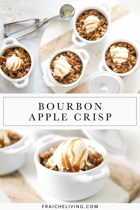 Bourbon Apple Crisp Recipe, Dessert Recipes With Bourbon, Apple Whiskey Desserts, Dessert With Bourbon, Apple Bourbon Dessert, Baking With Bourbon, Whiskey Baked Goods, Bourbon Cream Cheesecake, Bourbon Apple Crisp