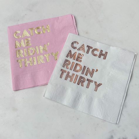 DESCRIPTION COLORS + DESIGNS NAPKIN INFO Our Custom "Catch Me Ridin' Thirty" Birthday Napkins feature stunning foil and fun phrase perfect for your new decade!! Pick your napkin, font, and foil/ink color so it's easy to coordinate with your party theme and decor. These are sure to elevate your 30th birthday and will WOW your friends/family! THANK YOU! Thank you so much for choosing Gracious Bridal Design House! We are honored that you appreciate our style, and want you to be wowed by our service and our product. When you receive your item, please leave us a review below! If anything is less than stellar, please contact us. Our goal is for you to have a fabulous experience. ••••• By purchasing this listing, you accept Gracious Bridal’s policies. All designs are copyrighted and the sole prop Birthday Decor 30th Party Ideas, 29th Birthday Party Ideas For Her, Catch Me Ridin 30 Birthday, 30 And Thriving, Party Ideas 30th Birthday, 30s Birthday Theme, Thirty And Thriving, Talk Thirty To Me Birthday Theme Decor, Thirty And Thriving 30th Birthday