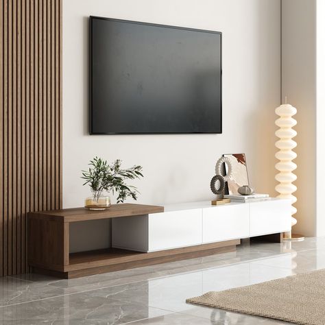 Meuble TV noir moderne Quoint, 2550mm, console multimédia rétractable et extensible à 3 tiroirs, noyer White Tv Unit Design, Minimal Tv Wall Design, Hanging Tv Console, Modern Tv Console Design, Wood Living Room Ideas, Tv Area Ideas Living Room, White Tv Wall, Wall Mounted Tv Ideas, Tv Stand Decor Living Room