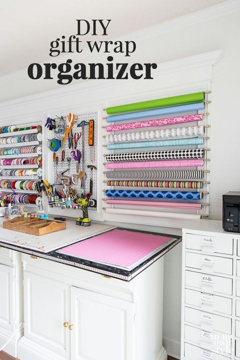 How to decoratively organize and store gift wrap in a craft room or on the back of a door. #giftwrap #giftwraporganizing #rollsofgiftwrap #storinggiftwrap #craftroomideas Gift Wrap Room Ideas, Wrapping Paper Organization Station, Gift Wrapping Stations Ideas, Wrapping Room Organization, Craft Room Wrapping Station, Door Mat Storage Ideas, Gift Wrapping Station Diy, How To Store Wrapping Paper, Wrapping Room Ideas