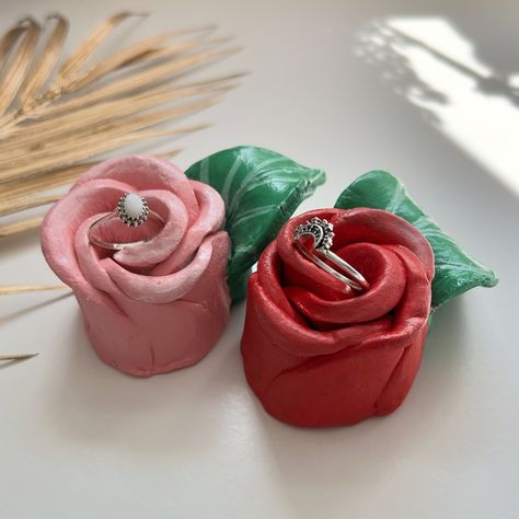 The rose ring holder 🌹 so pretty 😍 I’ve added these to the etsy shop 💕 #rings #clayart #clayideas #smallbusiness Ring Holder Clay, Flower Trinket Dish, Unique Ring Holder, Handmade Wedding Gifts, Ring Holders, Red Rose Flower, Rose Ring, Just Because Gifts, Jewellery Storage