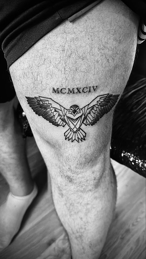 Geometric Eagle Tattoo Eagle Calf Tattoo Men, Geometric Eagle Tattoo Design, Eagle Thigh Tattoo, Geometric Tattoo Eagle, Calf Tattoo Men, Thigh Tattoo Men, Eagle Tattoo, Eagle Tattoos, Calf Tattoo