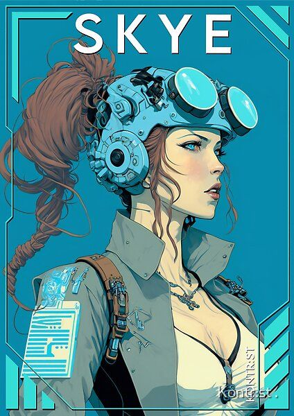 Introducing Skye, a determined young female pilot with a helmet and goggles set in the Cyberpunk universe against a futuristic blue and black world. With her tech-savvy look and sharp features, Skye is the ultimate embodiment of futuristic fashion and tech Futuristic Fashion Female, Futuristic Helmet Design Cyberpunk, Sci Fi Goggles, Cyberpunk Pilot, Pilot Oc, Futuristic Pilot, Cyberpunk Goggles, Futuristic Goggles, Mecha Pilot