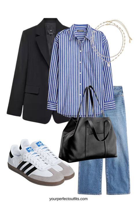 spring outfits, casual spring look, chic spring outfits, spring capsule wardrobe Style A Striped Shirt, White Striped Shirt Outfit, Blue Striped Shirt Outfit, Spring Office Outfits, Outfits With Striped Shirts, Looks Adidas, Sneaker Outfits, Looks Pinterest, Office Outfits Women