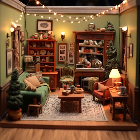 How To Make Dollhouse, Doll House Rooms Ideas, Miniature Living Room Ideas, Miniature Room Ideas, Mini Room Craft, Christmas Theme Living Room, Miniature Rooms Dioramas, Dolls House Living Room, Miniature Rooms Diy