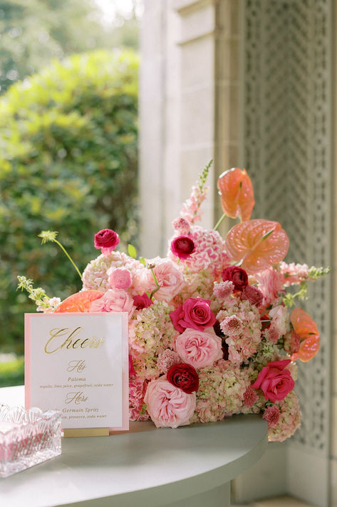 Pink wedding centerpiece // pink wedding // pink candles at wedding // pink roses wedding // shades of pink wedding // glen manor wedding // Glen Manor Portsmouth RI // wedding centerpieces // pink low centerpiece  // pink bar arrangement // pink bar flowers // pink bar flowers // wedding bar arrangement // haus of stems wedding // haus of stems flowers // Photo by byhalie Pink Floral Wedding Centerpieces, Pink And Green Wedding Florals, Shades Of Pink Wedding Theme, Wedding Flowers Unique, Pink Wedding Tables, Pink Glam Wedding, Candles At Wedding, Wedding Centerpieces Pink, Shades Of Pink Wedding