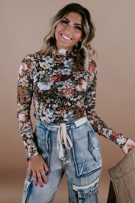 $3.95 Brown Floral Long Sleeve High Neck Sheath Mesh Blouse Wholesale Brown Floral Print, High Neck Designs, Mesh Blouse, Chic Blouses, Professional Look, Brown Floral, Boho Floral, Sheer Fabrics, The Chic