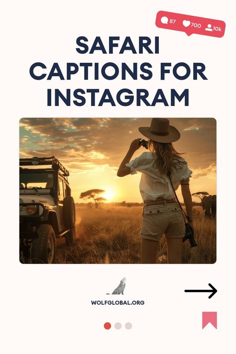 Woman photographing African safari sunset near jeep, with social media engagement icons.
A graphic with playful phrases about adventure, wildlife, and travel, encouraging exploration.
A woman on a laptop with graphics promoting an Instagram engagement pod offer. Safari Captions For Instagram, Husband Captions, One Word Captions, Dessert Safari, One Word Caption, Aesthetic Captions, Safari Adventure, Safari Park, Wildlife Sanctuary