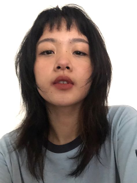 Hush hair cut with microbangs Hair Inspiration Round Face, Straight Grunge Hair, Microbangs Asian, Wolfcut Micro Bangs, Asian Micro Bangs, Wolf Cut Micro Bangs, Wolf Cut With Micro Bangs, Microbangs Round Face, Micro Bangs Long Hair