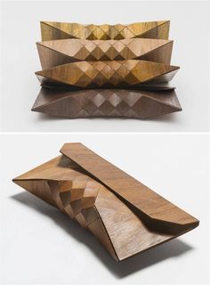 Wearable wood clutches by Israeli designers Tesler e Mendelovitch. Mode Origami, Wooden Purse, Wooden Bag, Generative Design, Diy Bags Purses, Wood Sunglasses, Wooden Accessories, Wood Accessories, Experiential