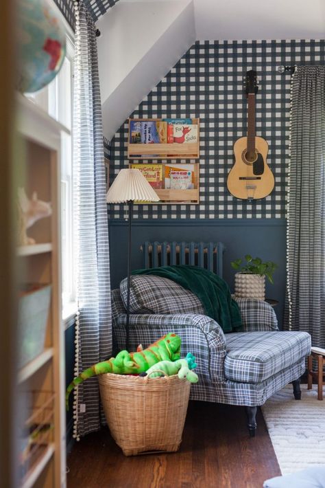 Boys bedroom makeover with gingham wallpaper and pattern play Gingham Wallpaper Bedroom, Bedroom Gingham, Eclectic Nursery Boy, Shared Boys Rooms, Boys Room Wallpaper, Gingham Wallpaper, Check Wallpaper, Boys Shared Bedroom, Ideas Habitaciones