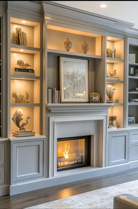 Tv Wall In Living Room Ideas, Built In Fire Places Ideas, Electric Fireplace With Built In Shelves, Closed Cabinets Around Fireplace, Living Room Bookcases Built Ins, Library With Fireplace Bookshelves, Bookshelf Above Fireplace, Built In Bookshelf Living Room, Bookcase Fireplace Wall Built Ins