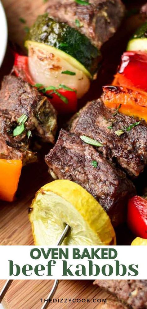 Beef Kabobs in the Oven Pork Kebabs In The Oven, Beef Kabob Meat Recipes, Deconstructed Kabobs In The Oven, Beef Skewers In Oven, Oven Beef Kabobs, Oven Shish Kabobs Steak, Beef Kabob Recipes, Pork Kebabs, Steak Bites Recipe