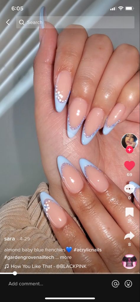 Homecoming Nail Ideas Almond, Nail For Blue Dress, Blue Nail Inspo Acrylic Almond, Nail Designs Simple White, Light Blue Dress Nail Ideas, Blue Glitter French Tip Nails Almond, Nails That Match Blue Dress, Sparkly Nails Design, Baby Blue French Tip Nails Almond