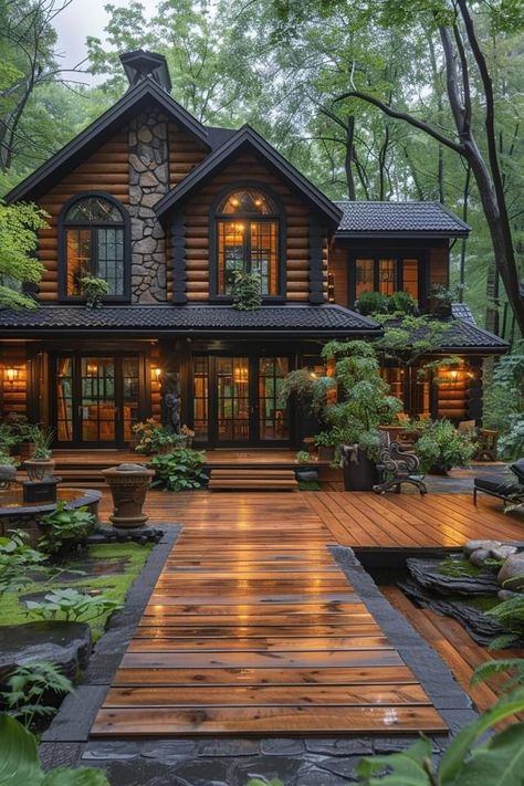 Cozy Architecture Exterior, Cabin Style House Exterior, House Color Pallet Exterior, Modern Rustic Cabin Exterior, Vintage Cabin Exterior, Log Cabin With Black Trim, Luxury Cabin In The Woods, Pretty Home Exterior, Cabin Like Homes