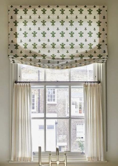 Cafe Curtains With Roman Shades, Tiny Window Treatments, Roman Shade With Cafe Curtains, Cafe Curtain With Roman Shade, London Blinds Roman Shades, Balloon Shades Curtains, Timeless Window Treatments, Kitchen Drapery Ideas, Craftsman Window Treatments