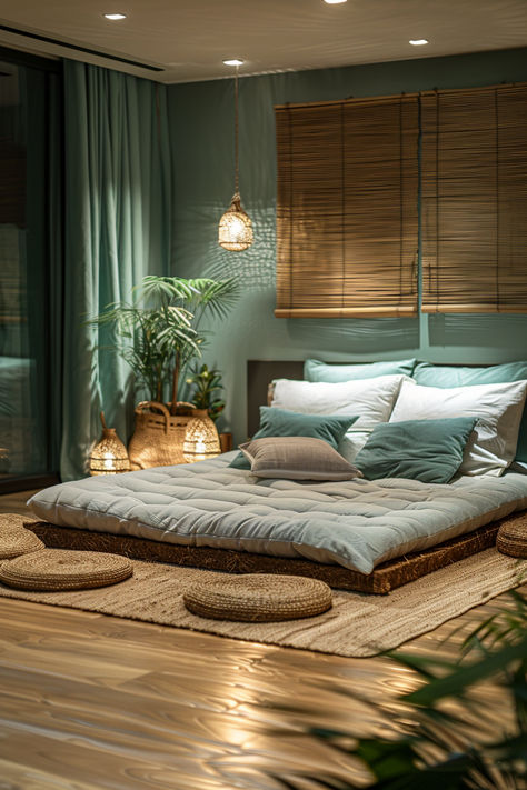 bed on the floor, floor bed, mattress on the floor Room Decor Mattress On Floor, Low Bed Master Room, Madrid, Bedroom Focal Point Ideas, Floor Sitting Living Room Ideas, Low Floor Bed Design Modern, Bohemian Floor Bed, Minimalist Floor Bed, Matress Ideas Floor Aesthetic Bedroom