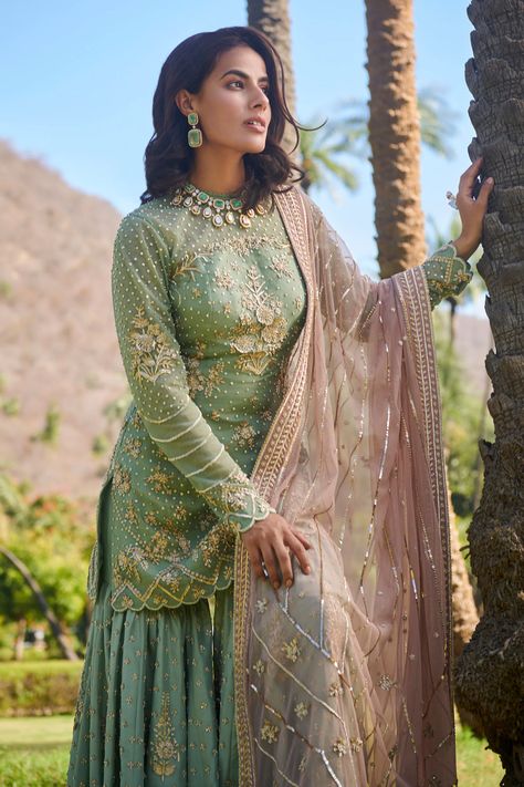 Buy Adab Kurta & Sharara Set by Sahil Kochhar at Aza Fashions Green Indian Suit, Green Sharara Suit, Lilac Lehenga, Sahil Kochhar, Kurta And Sharara Set, Green Sharara, Kurta And Sharara, Pakistan Street Style, Desi Bride