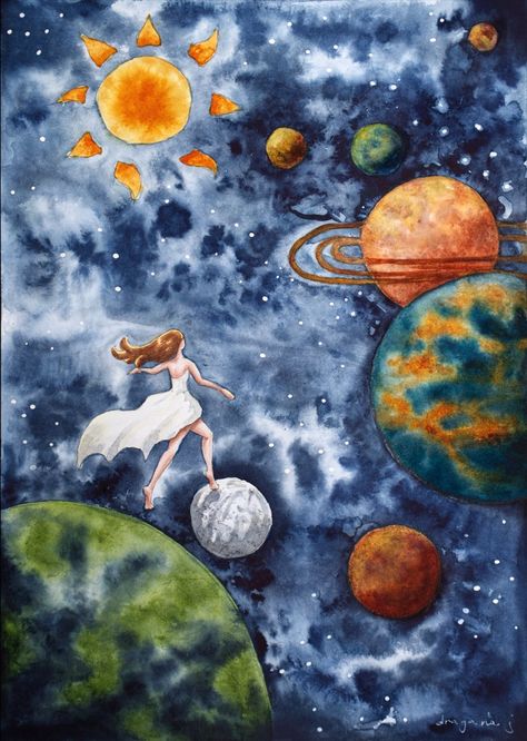 Painting Planets, Solar System Painting, Painting Universe, Planet Painting, Painting Nursery, Woman Artwork, Round Robin, Whimsical Artwork, Space Artwork