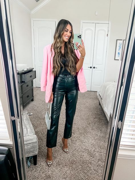 Black Dress Pink Blazer Outfit, Pink Leather Blazer Outfit, Pink Oversized Blazer Outfit, Blush Pink Clothes, Pink Blazer Outfit Work, Pink Bodysuit Outfit, Blush Pink Outfit, Faux Leather Pants Outfit, Pink Blazer Outfit