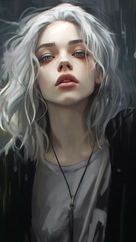 Woman With White Hair Art, Girl With White Hair Art, White Hair Woman Art, Girl Portrait Drawing, White Hair Girl, Digital Art Programs, Gray Painting, Fantasy Story Ideas, Gray Art