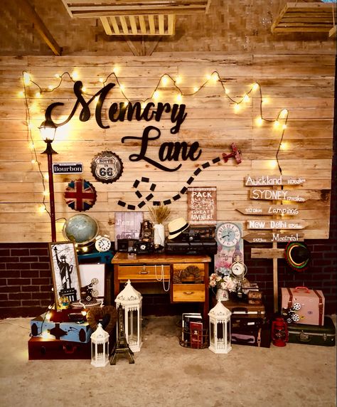 Memory Lane Birthday Ideas, Memory Lane Theme Party, Memory Theme Party, Stage Decoration For Farewell Party, A Trip Down Memory Lane Party Ideas, Memories Theme Party, Walk Down Memory Lane Party Ideas, Memory Lane Party Ideas, Vintage Themed Party