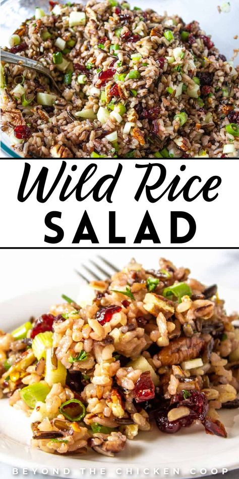 This salad is a wild rice salad with dried cranberries, toasted pecans, apples, green onions, and an orange vinaigrette. This salad is perfect when served as a vegetarian main or side dish for dinner or lunch. It can be served at room temperature or chilled. Make this ahead of time and add a few last-minute ingredients just before serving. Best Vegetarian Salad Recipes, Wild Rice Cranberry Salad, Healthy Rice Salad Recipes, Thanksgiving Wild Rice Recipes, Wild Rice Salad Recipe Cold, Rice Salad Recipes Cold, Make Ahead Side Dishes, Cold Rice Salad Recipes, Thanksgiving Salads