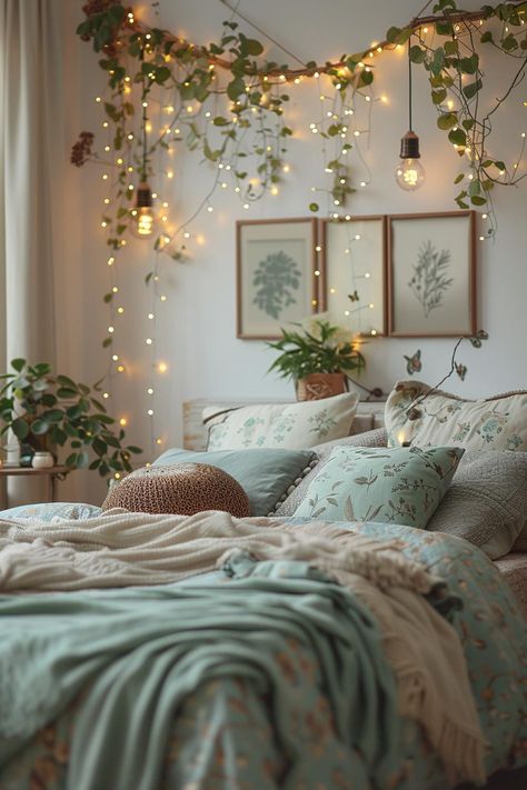 Cute Bedroom Fairy Lights, Cozy Apartment On A Budget, How To Make Fairy Lights Look Good, Room Ideas Cheap Diy, Ideas For Lights In Bedroom, Light Room Ideas Bedrooms, Makeover Room Ideas, Lighting Home Ideas, Aesthetic Cute Room Ideas