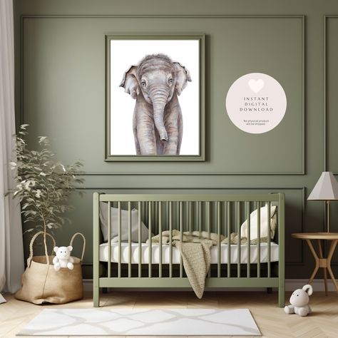 Cute Watercolor Elephant Printable Art for Baby Nursery, Kids Room, or Animal-themed Room Jungle Themed Wall Art Safari Themed Wall Art - Etsy UK Minimal Nursery Ideas, Green Wall Nursery, Sage Green Nursery Gender Neutral, Baby Boy Jungle Nursery, Safari Nursery Ideas, Elephant Baby Room, Animal Theme Nursery, Jungle Baby Room, Green Nursery Boy