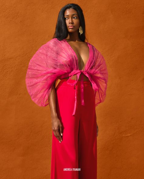 Andrea Iyamah Resort 23 Pleated organza crop top with matching pant in ruby pink Pleated Crop Top, Resort 23, Pleated Organza, Andrea Iyamah, Mesh Leotard, Blusas Top, Simple Outfit, Kimono Sleeve, Elbow Length Sleeve