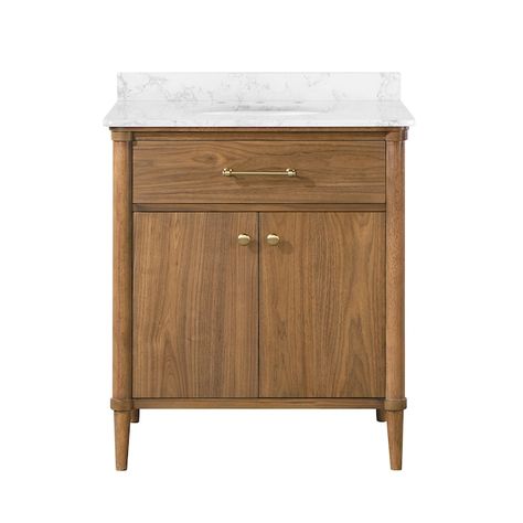 allen + roth Rian 30-in Walnut Undermount Single Sink Bathroom Vanity with White Engineered Stone Top Lowes.com Powder Room Vanities, Small Half Bathroom, Removable Backsplash, 30 Inch Vanity, 30 Inch Bathroom Vanity, Engineered Stone Countertops, Green Vanity, 30 Bathroom Vanity, Single Sink Bathroom