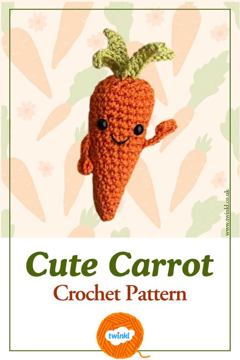 Image shows an emotional support carrot crochet pattern. The carrot is orange, has two arms and green leaves. Its eyes are black and it is smiling. Carrot Crochet Pattern, Crochet Carrot, Carrot Pattern, Cute Carrot, Crochet Food, Childrens Gifts, Craft Activities For Kids, Heartfelt Gifts, Emotional Support