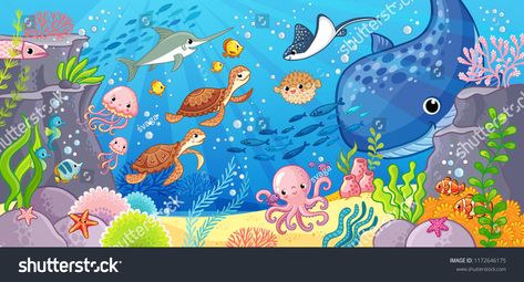 Undersea world. Cute cartoon animals underwater. Vector illustration on a sea theme.cartoon#animals#Cute#Undersea Underwater Cartoon, Playroom Wallpaper, Party Photo Backdrop, Undersea World, World Wallpaper, Wallpaper Walls Decor, Kids Room Wallpaper, Sea Theme, Wallpaper Removable