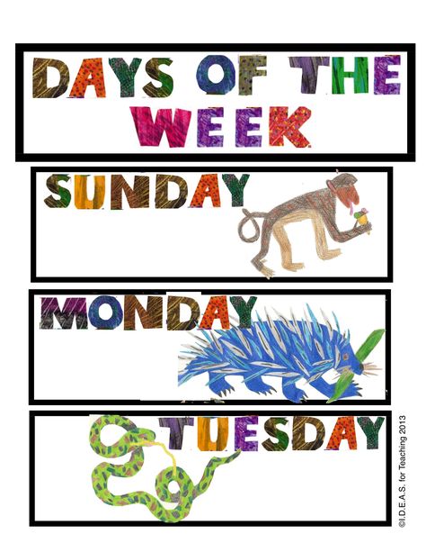 http://www.teacherspayteachers.com/Product/Today-Is-Monday-Days-of-the-Week-Chart-829823 Inspired by Eric Carle’s Today Is Monday, this bulletin board chart is a great extension to Morning Meeting calendar activities.  All the pieces and easy-to-follow directions are included to have this chart hanging in your classroom in no time! Eric Carl’s Classroom Theme, Today Is Monday Activities Eric Carle, Eric Carle Classroom Theme Decor, Eric Carle Baby Shower Ideas, Eric Carle Activities Preschool, Eric Carle Classroom Decor, Eric Carle Classroom Theme, Eric Carle Party, Preschool Graduation Theme