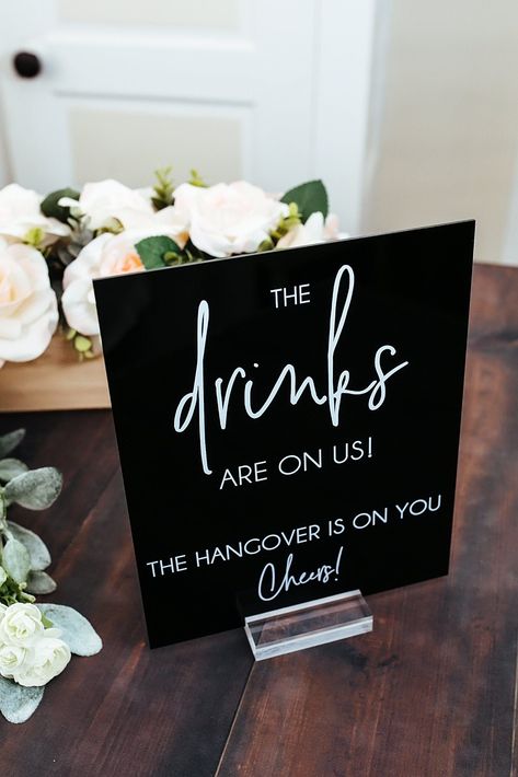 Welcome Drink Wedding Ideas, Cute Wedding Day Ideas, Appetizer Sign Wedding, The Drinks Are On Us Wedding Sign, Things To Have At A Wedding, Wedding Signing Board, Welcome Drink Ideas, Black And White Wedding Decorations, White Themed Wedding