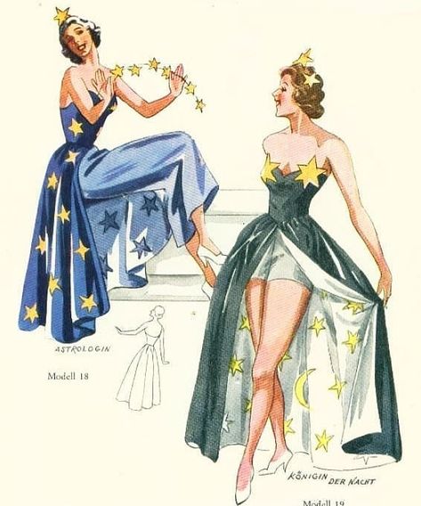 Star costumes, 1950s. You can find star jewelry and accessories at Nicolettacarlone.com 1950s Fashion Illustration, 얼굴 그리기, Creation Couture, Costume Inspo, Poster Artwork, Artwork Wall, Fantasy Illustration, Fashion Plates, 1950s Fashion