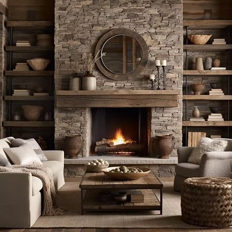 20 Fireplace With Built Ins on Both Sides Ideas to Make the Most of Your Living Space - HearthandPetals Fireplace Furniture Ideas, Stack Rock Fireplace, Open Fireplace Ideas Rustic, Stone Fireplace With Wood Storage, Side Of Fireplace Decor Ideas, Coquina Fireplace, Fireplace With Side Shelves, Cozy Living Rooms With Fireplace, Rock Wall Fireplace