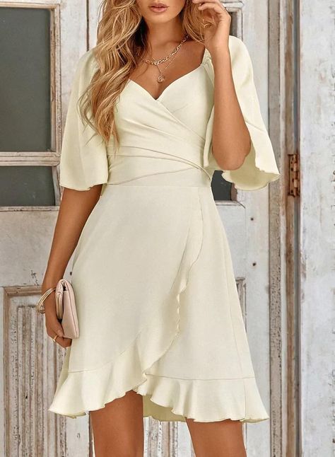 Dokotoo Women's Wrap V Neck Short Flared Sleeve Wedding Guest Dress Smocked Elastic Waist Tiered Belted Ruffle Hem Mini Dress Medan, Smocked Dresses, Ruffle Summer Dress, Graduation Party Dresses, Mini Robes, Body Con Dress, Ruffle Hem Dress, Classic Dress, Mini Wrap Dress