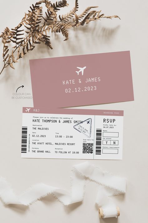 Set the stage for your dream destination wedding with exclusive boarding pass invitations that instantly transport your guests to your chosen paradise.  Tailor the color to reflect your wedding palette, and include all essential wedding details alongside a personalized QR code leading to your website or a curated guide to your stunning destination.  Embrace the DIY spirit with a digital download, allowing you to print these unique passes on your preferred material, or opt for beautifully printed cards delivered straight to your doorstep.  


.#WeddingInvitations #DIYWedding #WeddingStationery #WeddingInspiration #WeddingPlanning Plane Ticket Wedding Invitations, Beach Wedding Invitations Ideas, Invitation Flatlay, Boarding Pass Wedding Invitations, 18th Ideas, Travel Invitation, Boarding Pass Wedding Invitation, Ticket Wedding Invitations, Boarding Pass Invitation