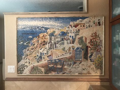 Santorini Island Handmade Mosaic Marble Wall Art Terrace Door, Blue Coffee Table, Sea Scenery, Colored Tiles, Mosaic Mural, Blue Chairs, Blue Coffee Tables, Mosaic Murals, Natural Stone Pavers