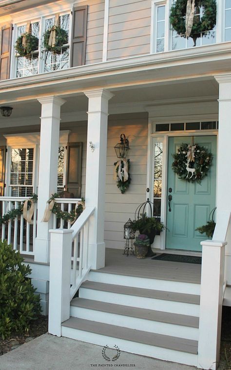 front-house-shot-christmas-porch Tan House, Painted Chandelier, Porch Colors, Exterior Paint Colors For House, Front Door Colors, Casa Exterior, Design Exterior, House Paint Exterior, Exterior Paint Colors